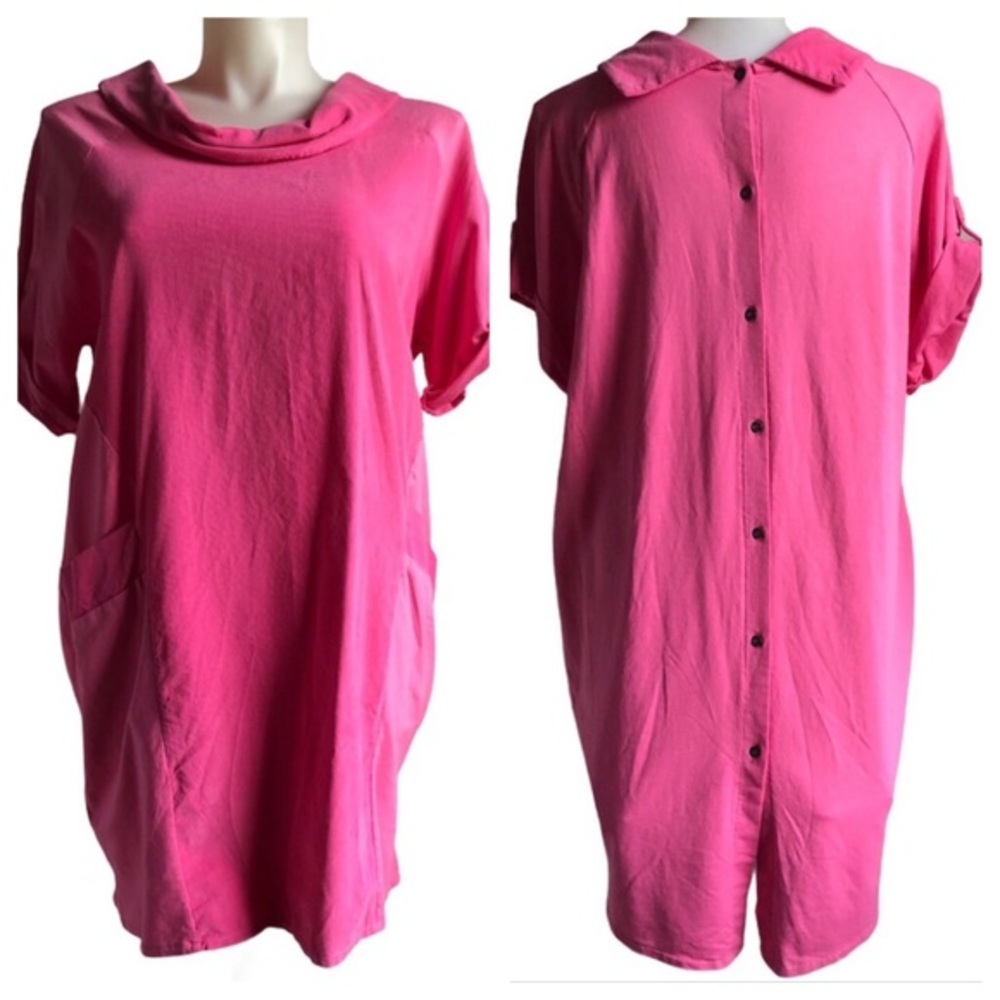 Made In Italy Dress One Size 12-16 Pink Black Buttons Woven Cowl Collar Corduroy